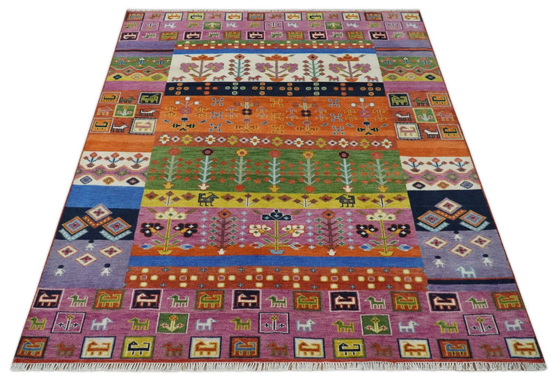 Tribal Gabbeh Rust, Ivory, Green and Pink Hand knotted Antique Look Traditional Wool Area Rug - The Rug Decor
