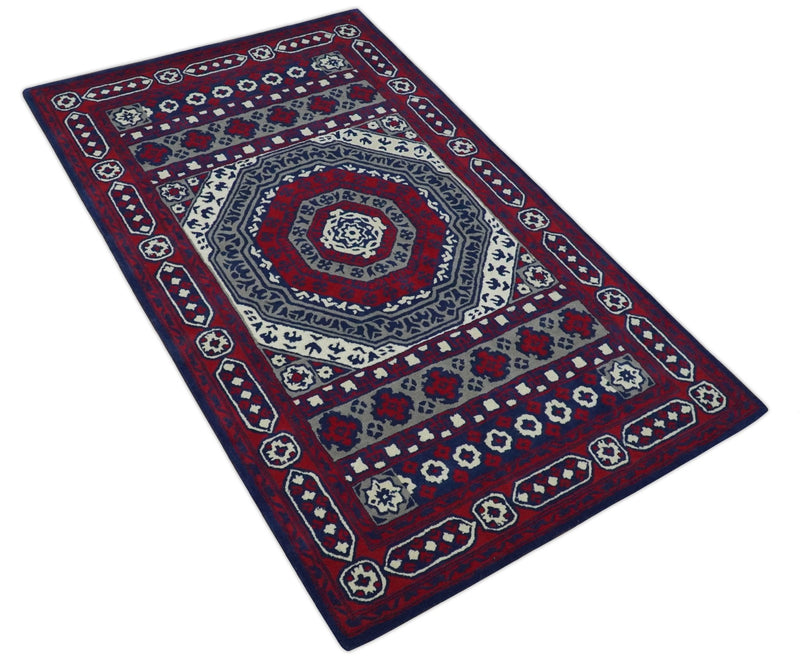 Tribal Look Medallion 5x8 Ivory, Maroon and Blue Hand Tufted Wool Area Rug - The Rug Decor