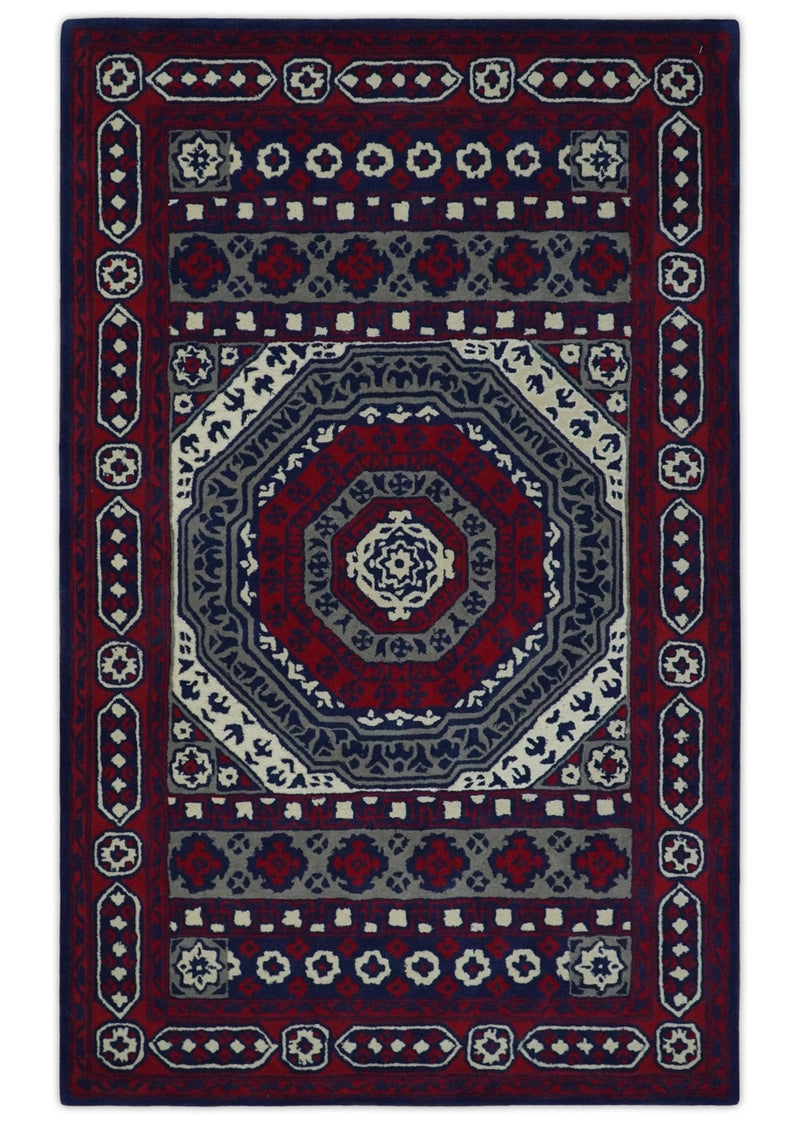 Tribal Look Medallion 5x8 Ivory, Maroon and Blue Hand Tufted Wool Area Rug - The Rug Decor