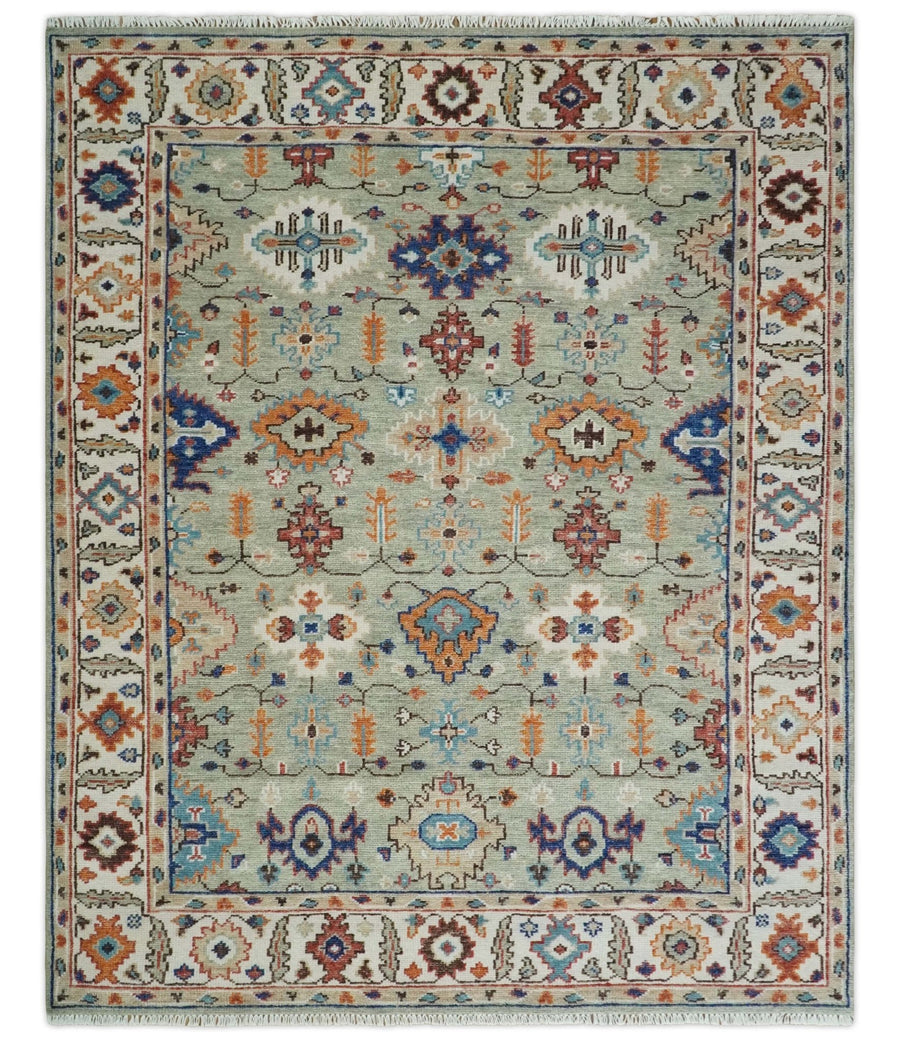 Turkish Knot 8x10, 9x12, 10x14 and 12x15 Antique Green and Ivory Wool Traditional Persian Hand knotted Oushak Area Rug | TRD2768 - The Rug Decor