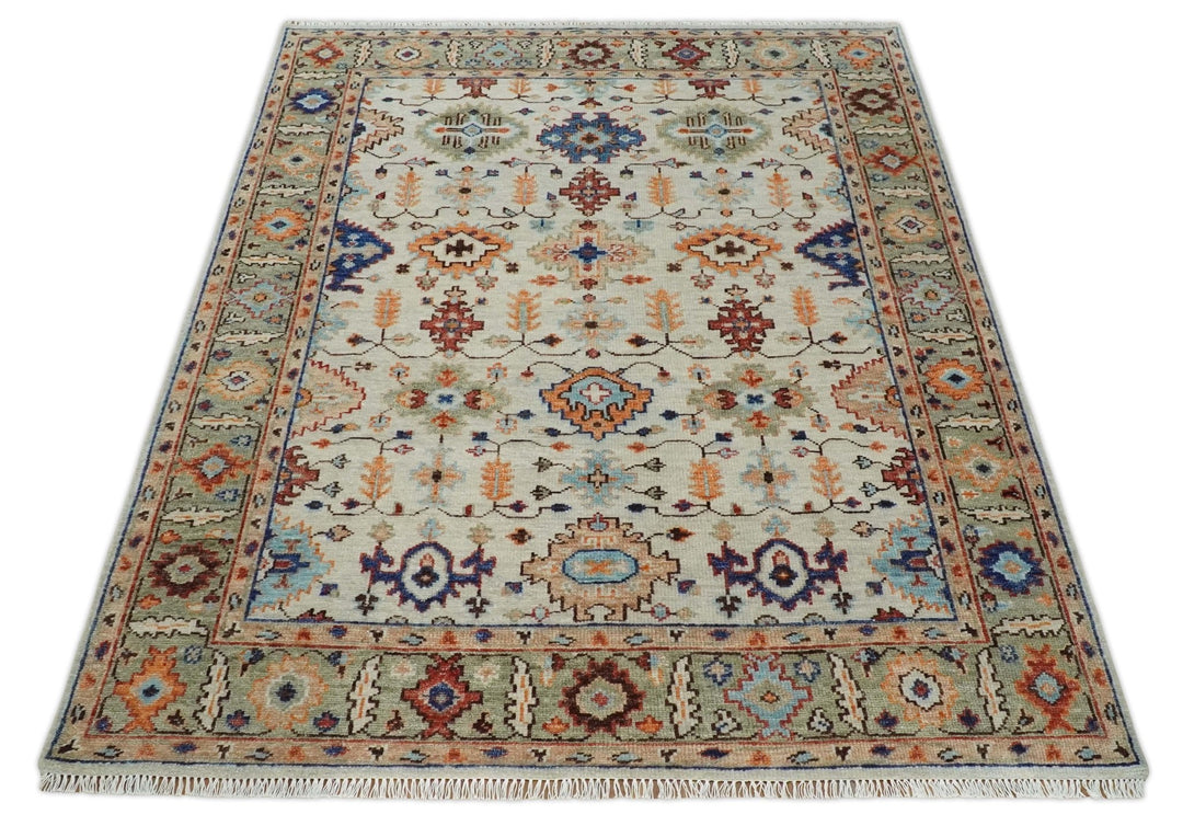 Turkish Knot Ivory and Green Colorful Traditional Multi Size Hand knotted Oushak Rug - The Rug Decor