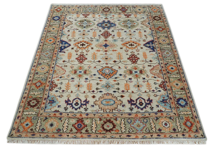 Turkish Knot Ivory and Green Colorful Traditional Multi Size Hand knotted Oushak Rug - The Rug Decor