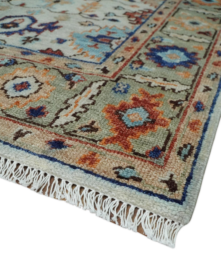 Turkish Knot Ivory and Green Colorful Traditional Multi Size Hand knotted Oushak Rug - The Rug Decor