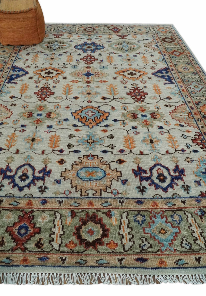 Turkish Knot Ivory and Green Colorful Traditional Multi Size Hand knotted Oushak Rug - The Rug Decor
