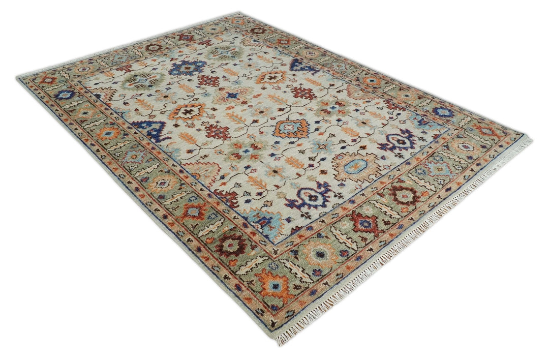 Turkish Knot Ivory and Green Colorful Traditional Multi Size Hand knotted Oushak Rug - The Rug Decor