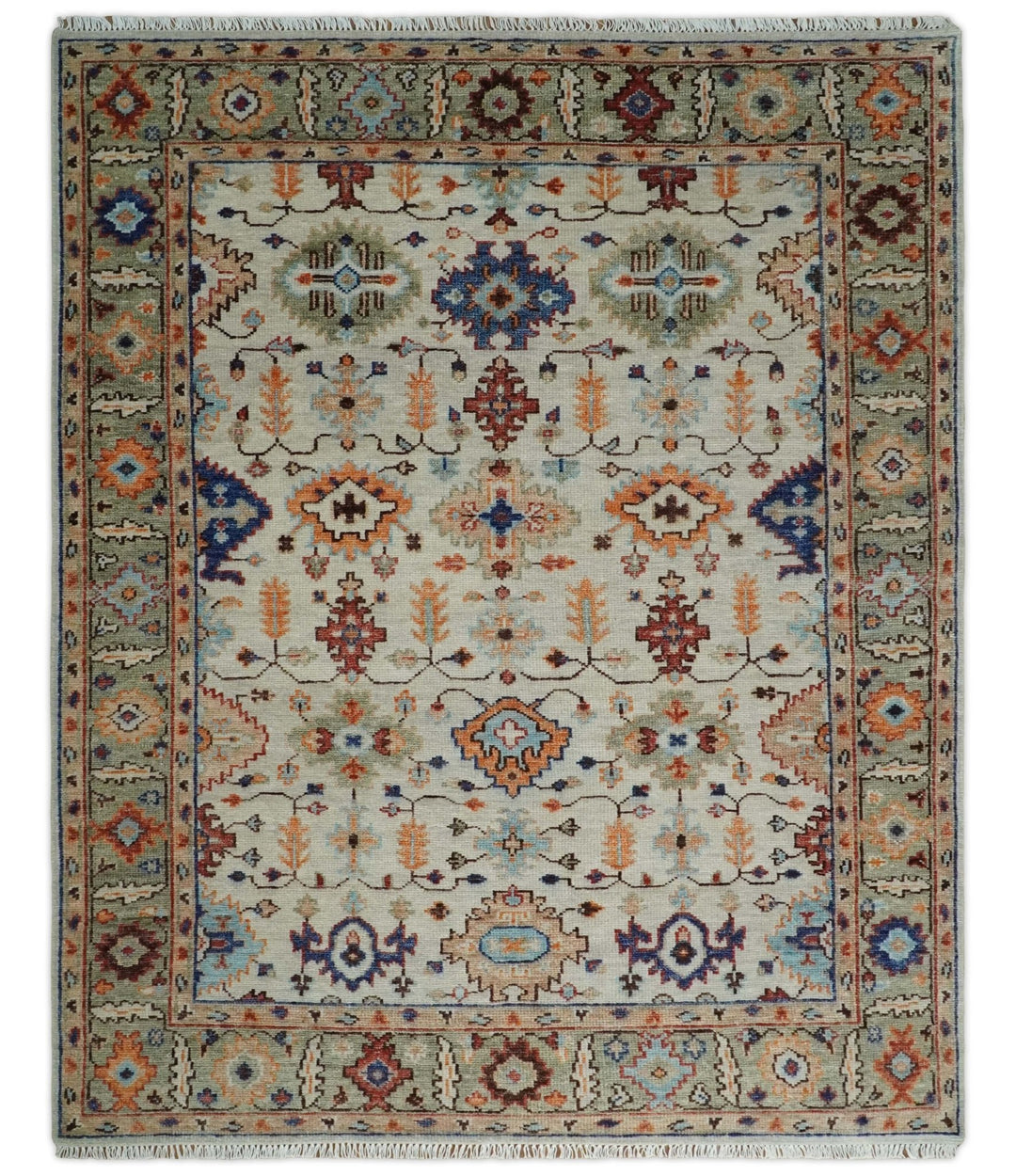Turkish Knot Ivory and Green Colorful Traditional Multi Size Hand knotted Oushak Rug - The Rug Decor