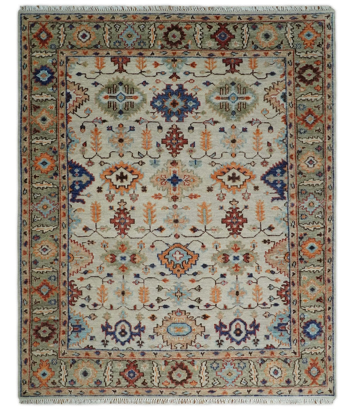 Turkish Knot Ivory and Green Colorful Traditional Multi Size Hand knotted Oushak Rug - The Rug Decor