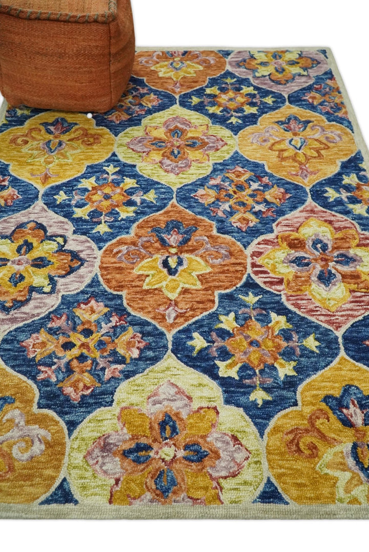 Vibrant 5x7 Hand Tufted Blue and Gold Modern Damask Oriental traditional Wool Area Rug | TRDMA41 - The Rug Decor