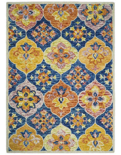 Vibrant 5x7 Hand Tufted Blue and Gold Modern Damask Oriental traditional Wool Area Rug | TRDMA41 - The Rug Decor