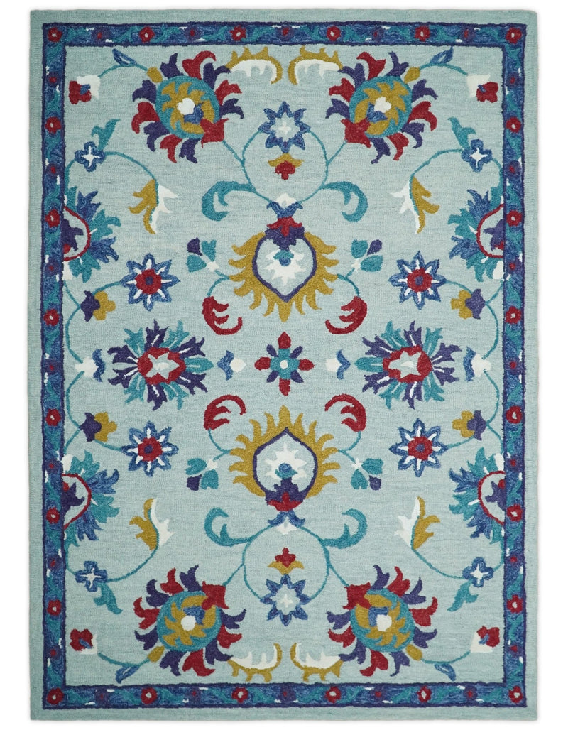 Vibrant 5x7 Hand Tufted Red and Blue Floral Oriental Kids Wool Area Rug | TRDMA43 - The Rug Decor