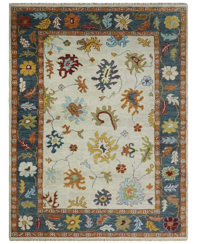 Vibrant 5x8, 6x9, 8x10, 9x12, 10x14 and 12x15 Hand Knotted Ivory, Teal and Rust Traditional Persian Oushak Wool Rug | TRDCP725 - The Rug Decor