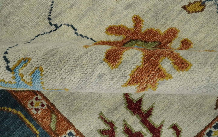 Vibrant 5x8, 6x9, 8x10, 9x12, 10x14 and 12x15 Hand Knotted Ivory, Teal and Rust Traditional Persian Oushak Wool Rug | TRDCP725 - The Rug Decor