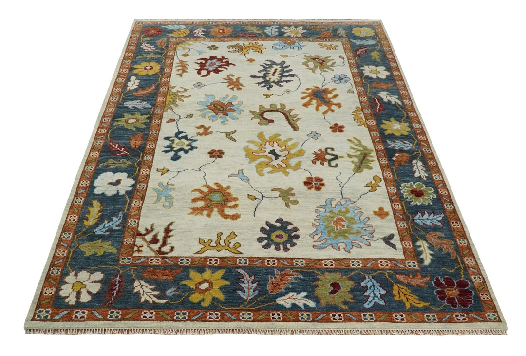 Vibrant 5x8, 6x9, 8x10, 9x12, 10x14 and 12x15 Hand Knotted Ivory, Teal and Rust Traditional Persian Oushak Wool Rug | TRDCP725 - The Rug Decor