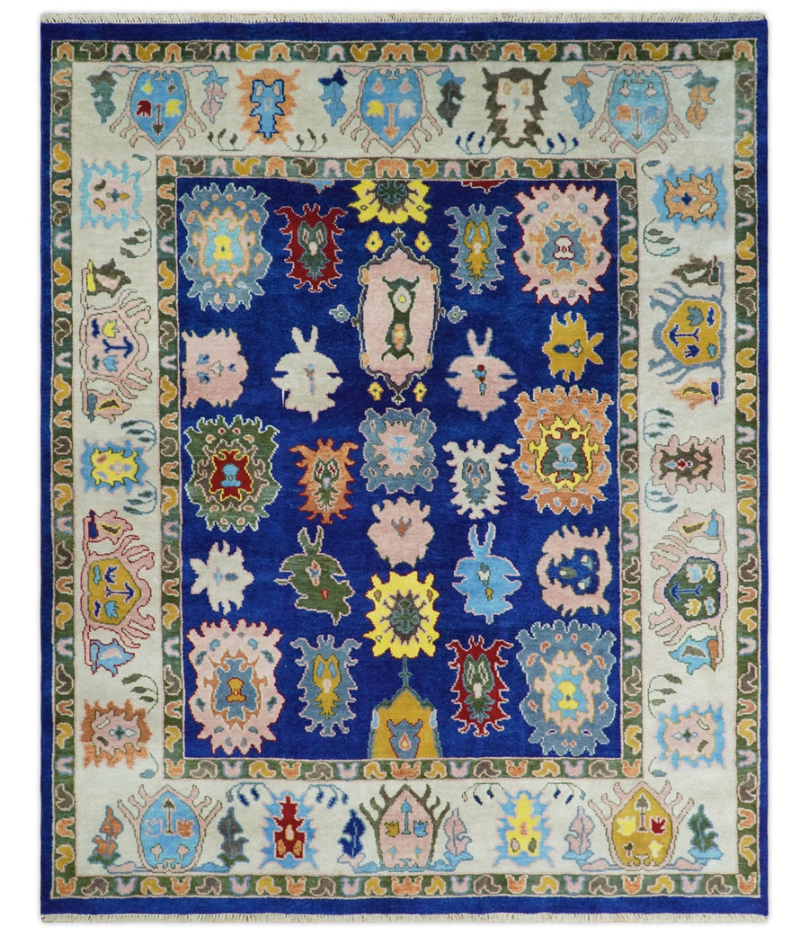 Vibrant 8x10 Hand Knotted Blue and Ivory Traditional Persian Eclectic Colorful Wool Rug | TRDCP776810 - The Rug Decor