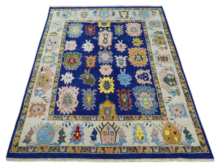 Vibrant 8x10 Hand Knotted Blue and Ivory Traditional Persian Eclectic Colorful Wool Rug | TRDCP776810 - The Rug Decor