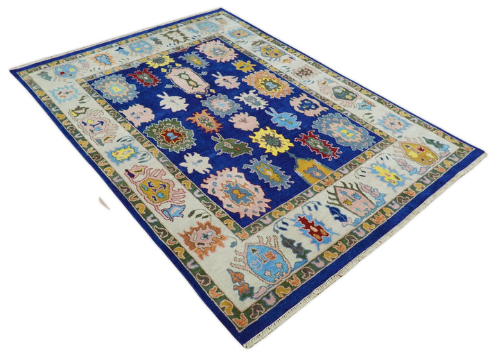 Vibrant 8x10 Hand Knotted Blue and Ivory Traditional Persian Eclectic Colorful Wool Rug | TRDCP776810 - The Rug Decor