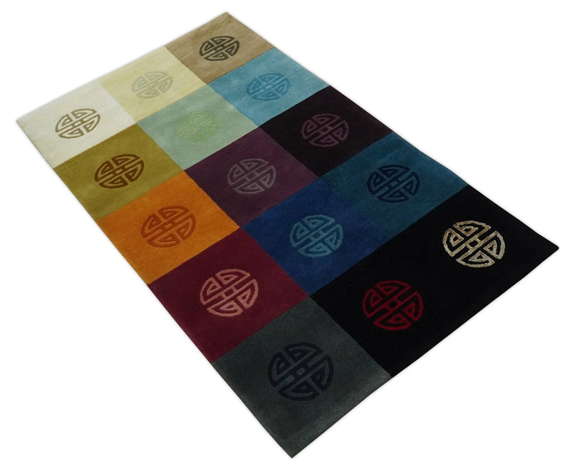 Vibrant Color full Modern Geometrical Pattern 3x5 Hand loom Wool and Art silk Aera Rug - The Rug Decor