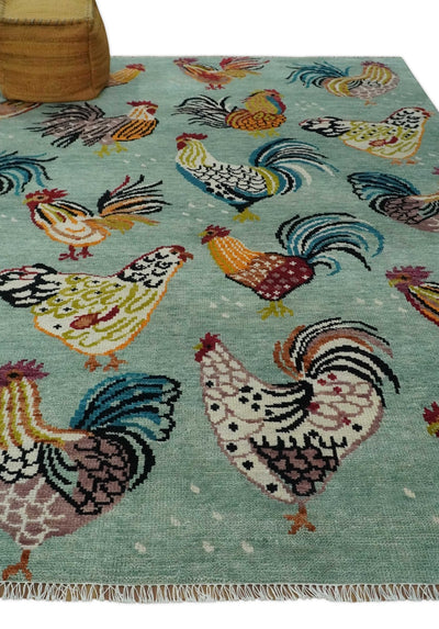 Vibrant Colorful Beautiful Chicken Bird Sage, Ivory, Gold and Brown Hand Knotted Multi Size Wool Area Rug - The Rug Decor