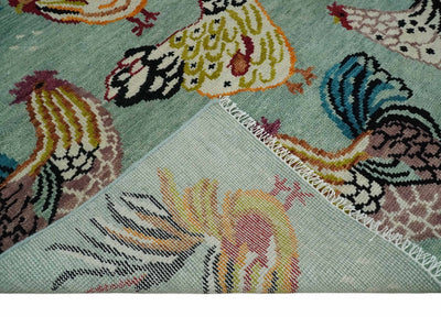 Vibrant Colorful Beautiful Chicken Bird Sage, Ivory, Gold and Brown Hand Knotted Multi Size Wool Area Rug - The Rug Decor