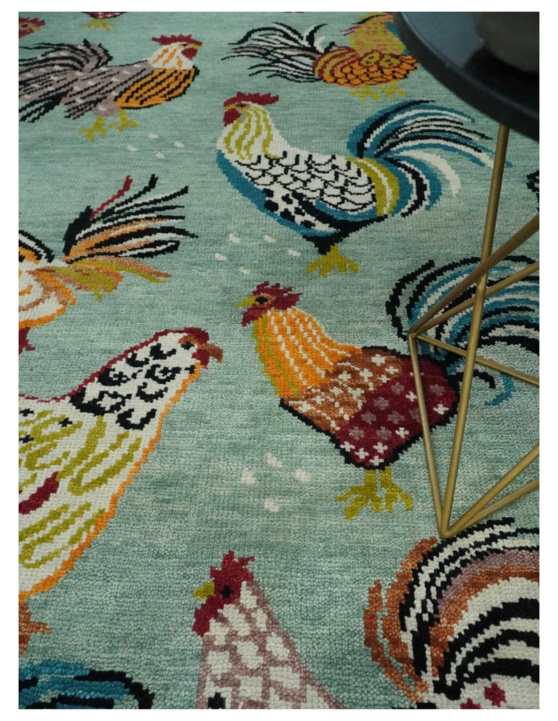 Vibrant Colorful Beautiful chicken Light Green, Ivory, Gold and Brown Hand Knotted 8x10 Wool Area Rug - The Rug Decor