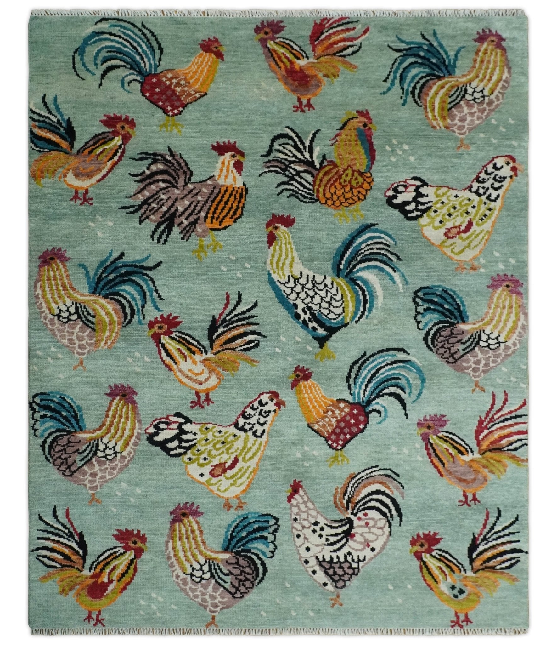 Beautiful Hen Life Light Green, Ivory, and Brown Hand Knotted Wool Rug