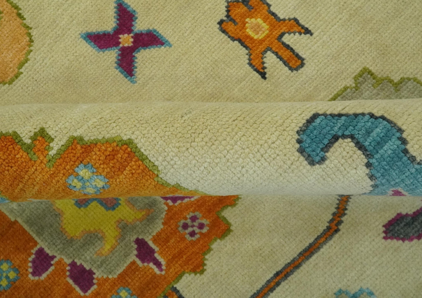 Vibrant Colorful Beige, Silver, Orange and Mustard Hand Knotted 9x12 Wool Area Rug - The Rug Decor