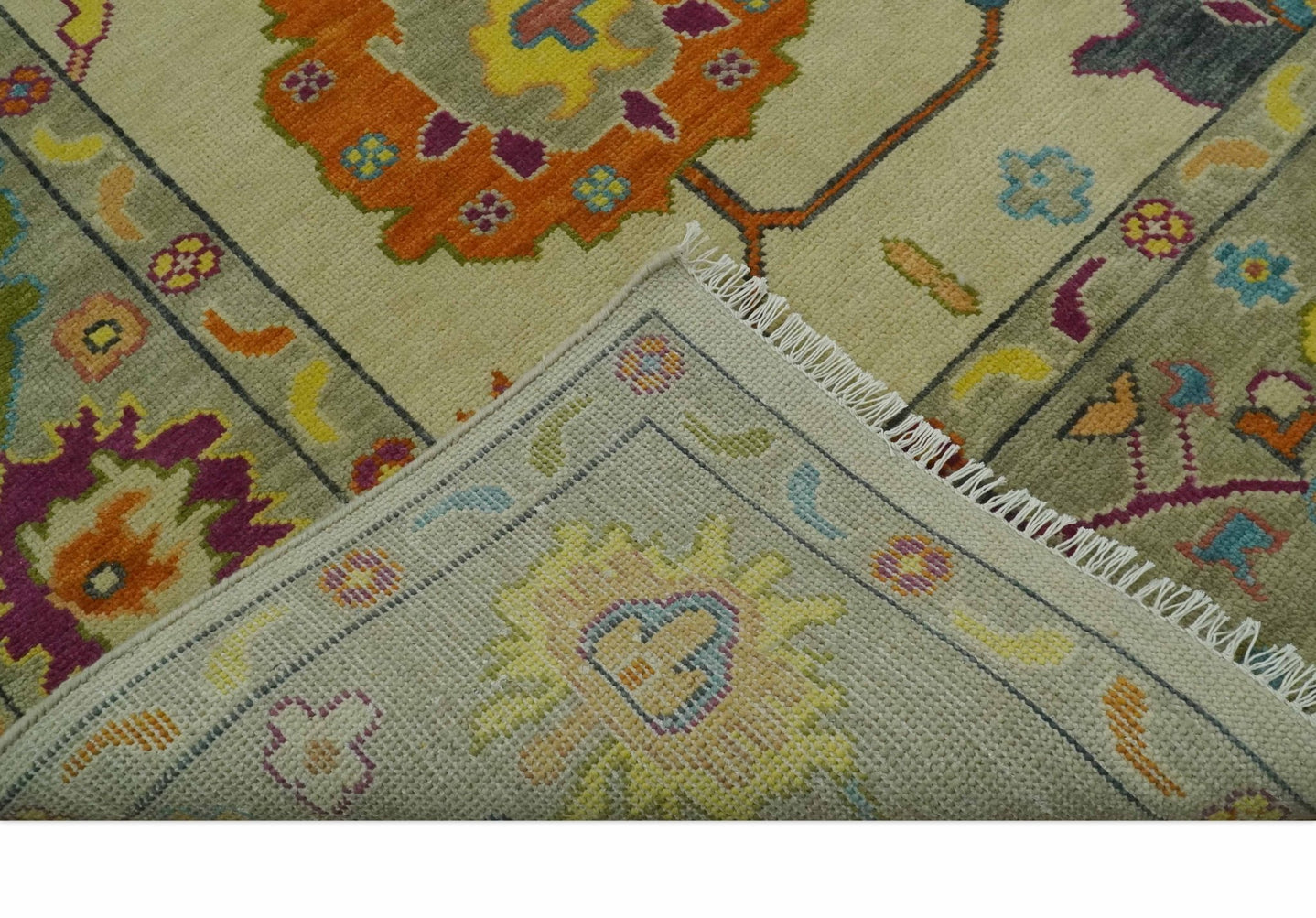 Vibrant Colorful Beige, Silver, Orange and Mustard Hand Knotted 9x12 Wool Area Rug - The Rug Decor