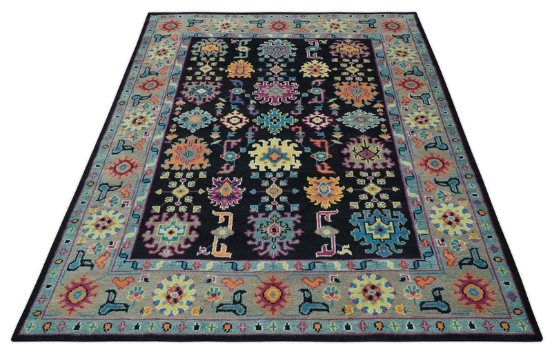Vibrant Colorful Black, Beige, Purple and Blue Hand Knotted Traditional Oushak Custom Made wool Area Rug - The Rug Decor