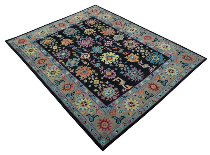 Vibrant Colorful Black, Beige, Purple and Blue Hand Knotted Traditional Oushak Custom Made wool Area Rug - The Rug Decor