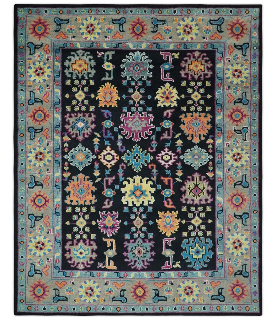 Vibrant Colorful Black, Beige, Purple and Blue Hand Knotted Traditional Oushak Custom Made wool Area Rug - The Rug Decor