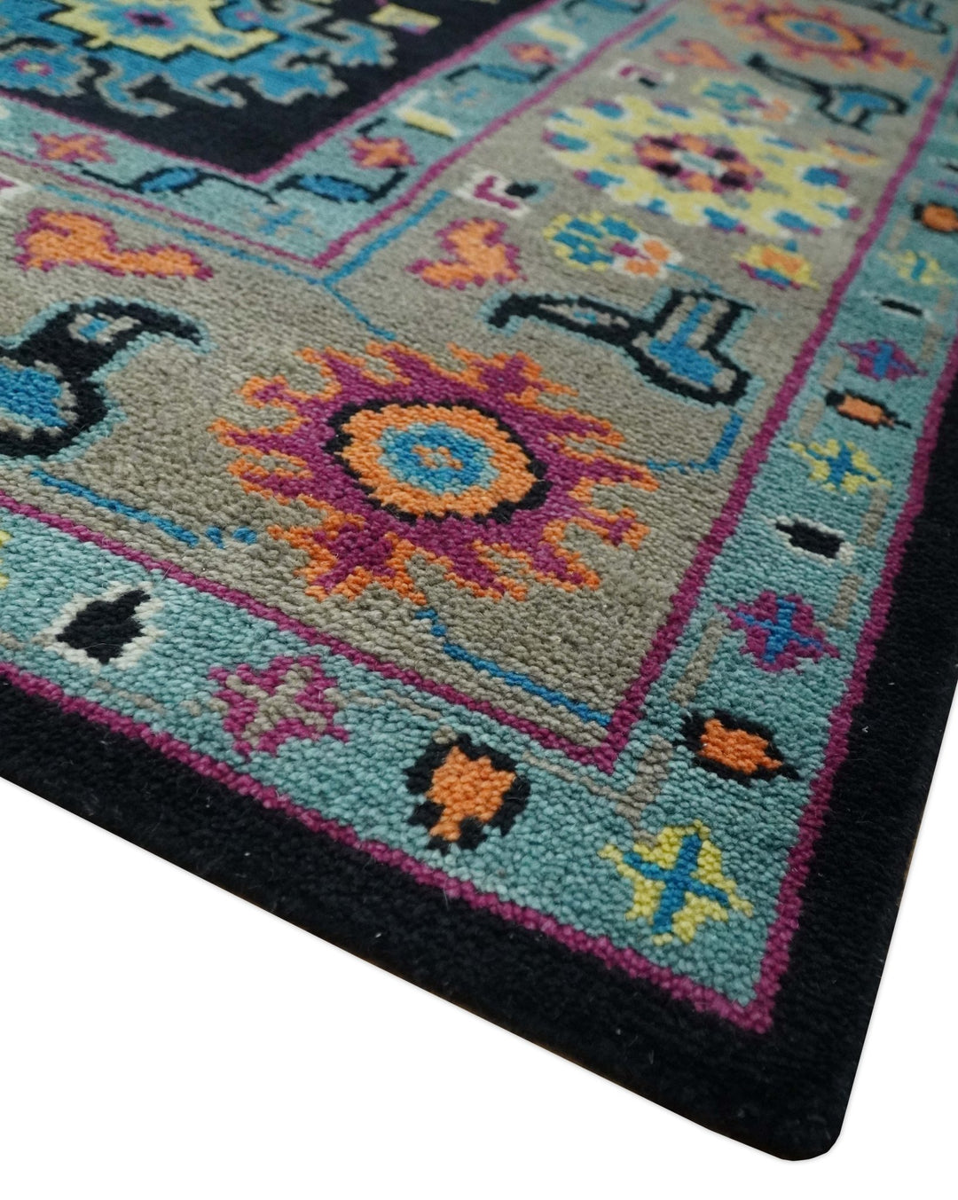 Vibrant Colorful Black, Beige, Purple and Blue Hand Knotted Traditional Oushak Custom Made wool Area Rug - The Rug Decor