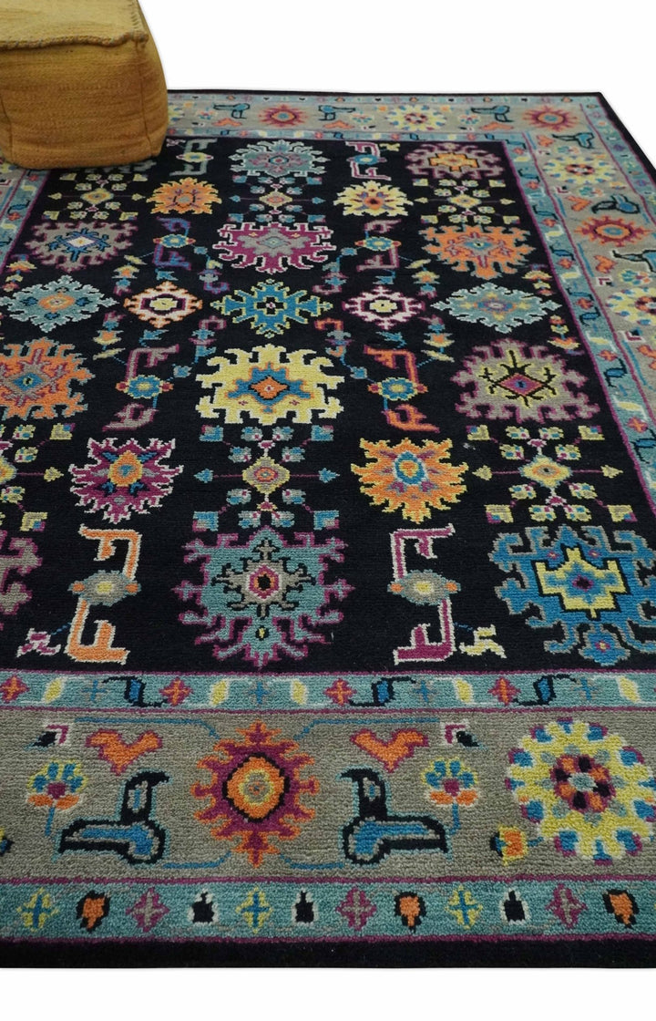 Vibrant Colorful Black, Beige, Purple and Blue Hand Knotted Traditional Oushak Custom Made wool Area Rug - The Rug Decor