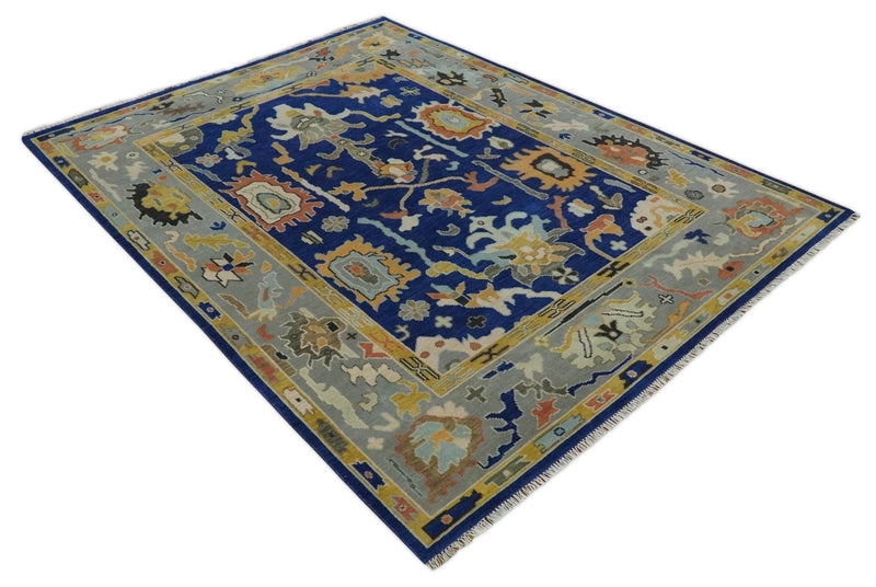 Vibrant Colorful Blue, Silver and Mustard Hand knotted Traditional Oushak 8x10 wool Area Rug - The Rug Decor