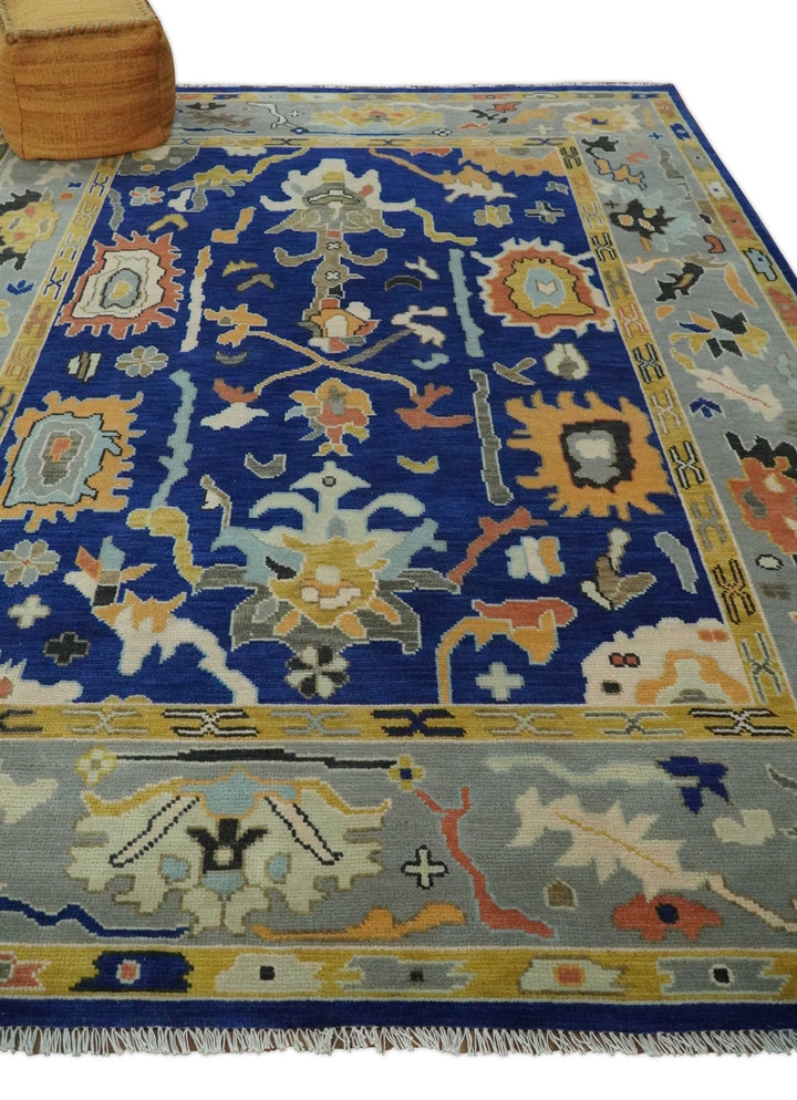 Vibrant Colorful Blue, Silver and Mustard Hand knotted Traditional Oushak Multi Size wool Area Rug - The Rug Decor