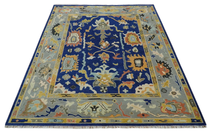 Vibrant Colorful Blue, Silver and Mustard Hand knotted Traditional Oushak Multi Size wool Area Rug - The Rug Decor