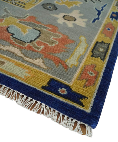 Vibrant Colorful Blue, Silver and Mustard Hand knotted Traditional Oushak Multi Size wool Area Rug - The Rug Decor