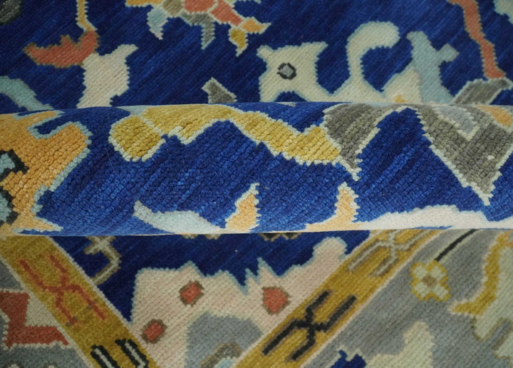 Vibrant Colorful Blue, Silver and Mustard Hand knotted Traditional Oushak Multi Size wool Area Rug - The Rug Decor