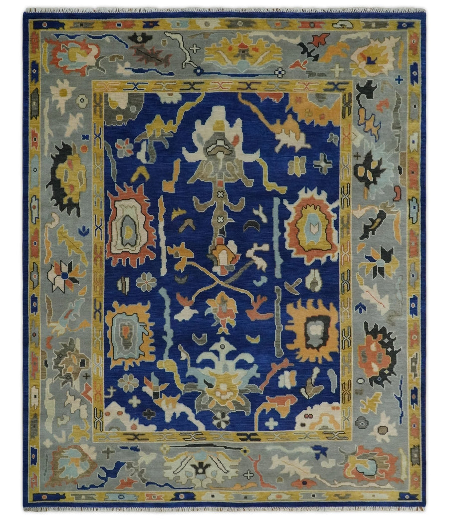 Vibrant Colorful Blue, Silver and Mustard Hand knotted Traditional Oushak Multi Size wool Area Rug - The Rug Decor