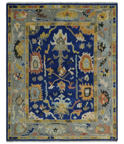 Vibrant Colorful Blue, Silver and Mustard Hand knotted Traditional Oushak Multi Size wool Area Rug - The Rug Decor