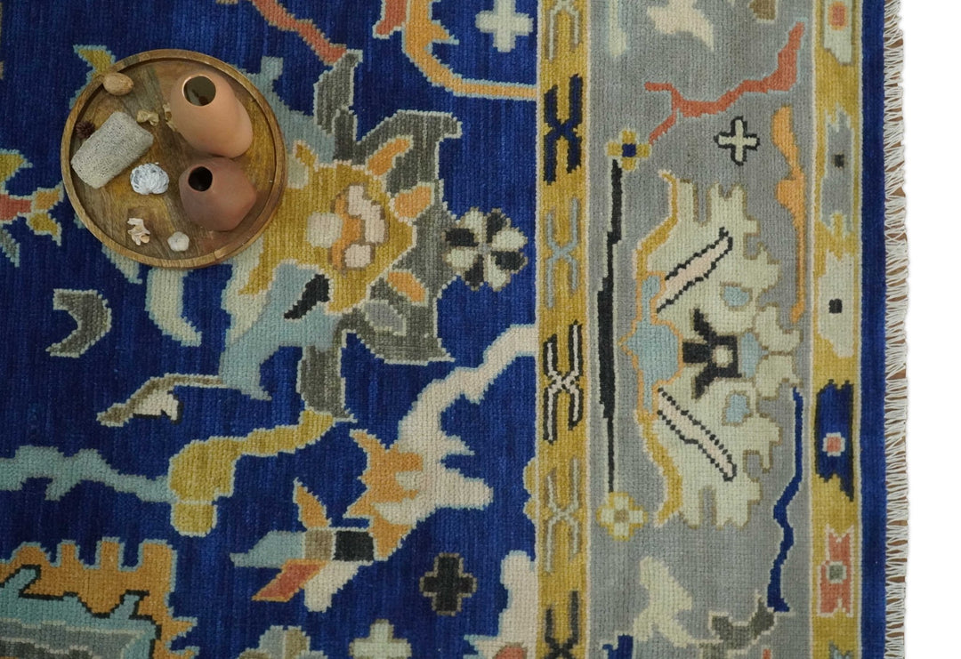 Vibrant Colorful Blue, Silver and Mustard Hand knotted Traditional Oushak Multi Size wool Area Rug - The Rug Decor