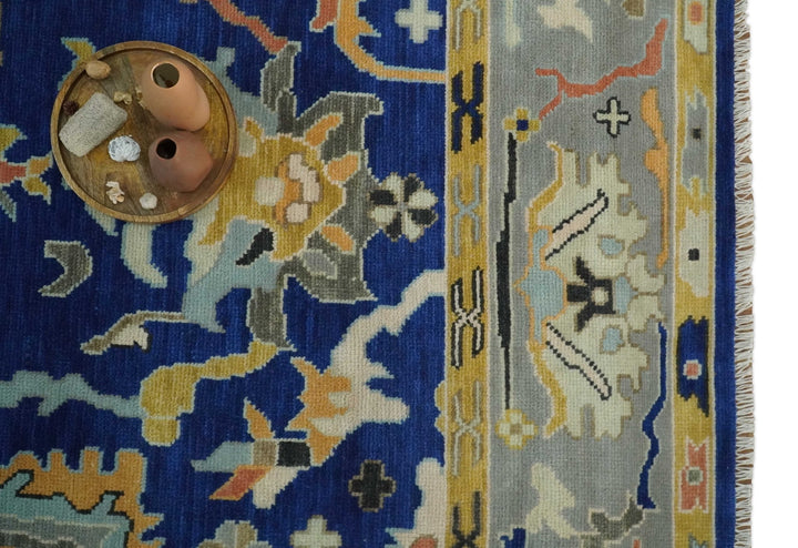 Vibrant Colorful Blue, Silver and Mustard Hand knotted Traditional Oushak Multi Size wool Area Rug - The Rug Decor