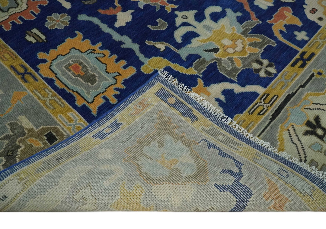 Vibrant Colorful Blue, Silver and Mustard Hand knotted Traditional Oushak Multi Size wool Area Rug - The Rug Decor