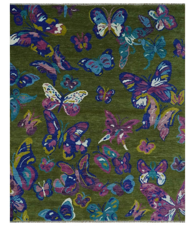 Vibrant Colorful Butterfly Green and purple Hand knotted 8x10 wool Area Rug - The Rug Decor
