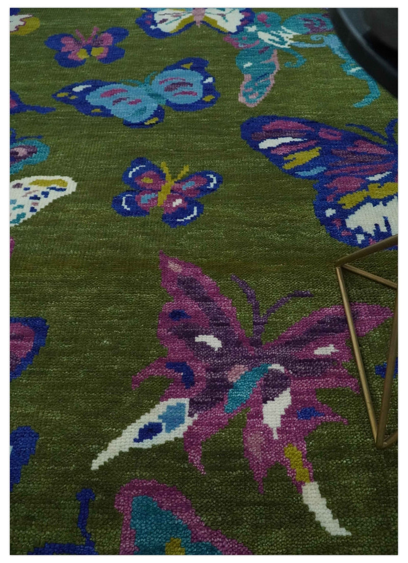 Vibrant Colorful Butterfly Green and purple Hand knotted 8x10 wool Area Rug - The Rug Decor