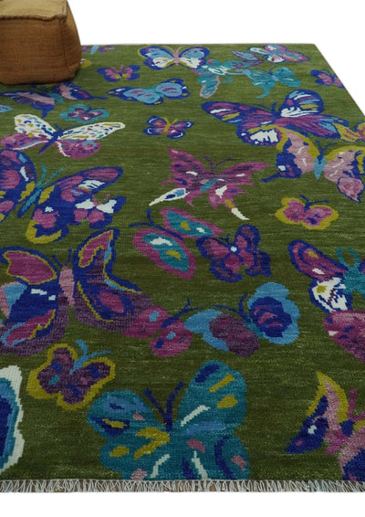Vibrant Colorful Butterfly Green and purple Hand knotted 8x10 wool Area Rug - The Rug Decor