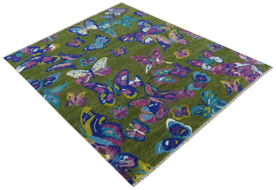 Vibrant Colorful Butterfly Green and purple Hand knotted 8x10 wool Area Rug - The Rug Decor