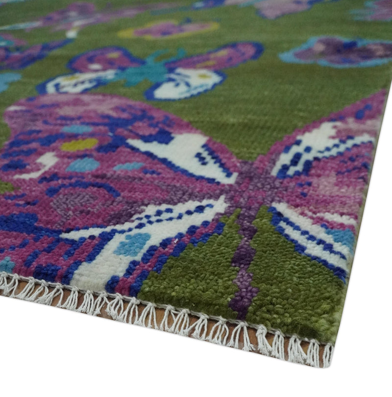 Vibrant Colorful Butterfly Green and purple Hand knotted 8x10 wool Area Rug - The Rug Decor