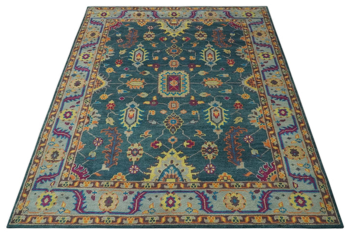 Vibrant Colorful Green, Silver, Mustard and Orange Hand Knotted Oriental Oushak Multi Size wool Area Rug - The Rug Decor