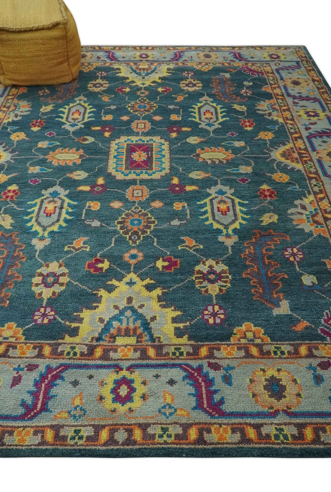 Vibrant Colorful Green, Silver, Mustard and Orange Hand Knotted Oriental Oushak Multi Size wool Area Rug - The Rug Decor