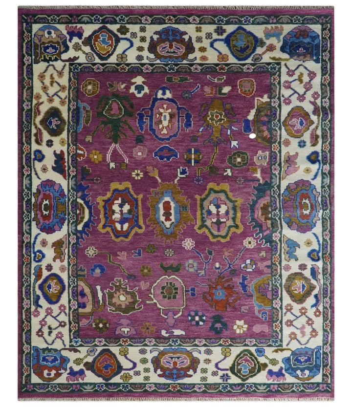 Vibrant Colorful Hand knotted Purple and Ivory Oushak wool Area Rug - The Rug Decor